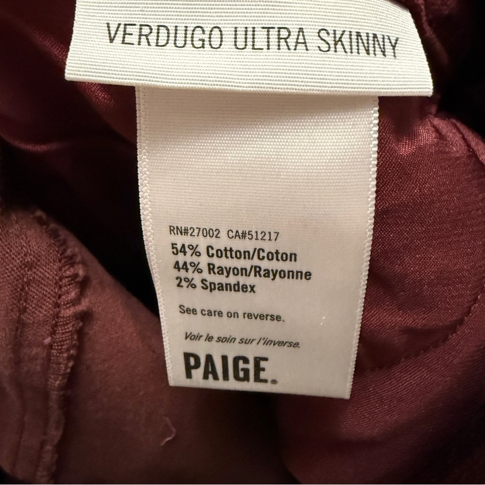PAIGE Burgundy Verdugo Skinny‎ Pants Luxurious Velvet Sz 27 - Picture 6 of 7